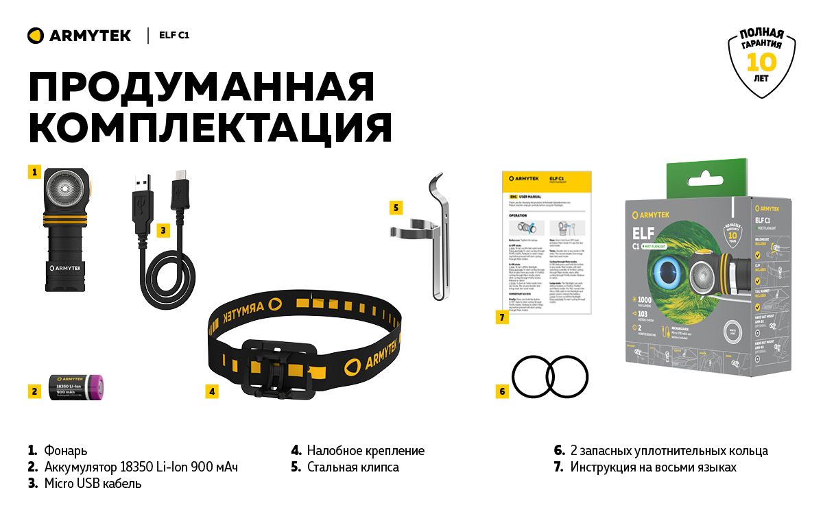 Мультифонарь светодиодный Armytek Elf C1 Micro USB F05002W, 930 люмен, тёплый свет - фото